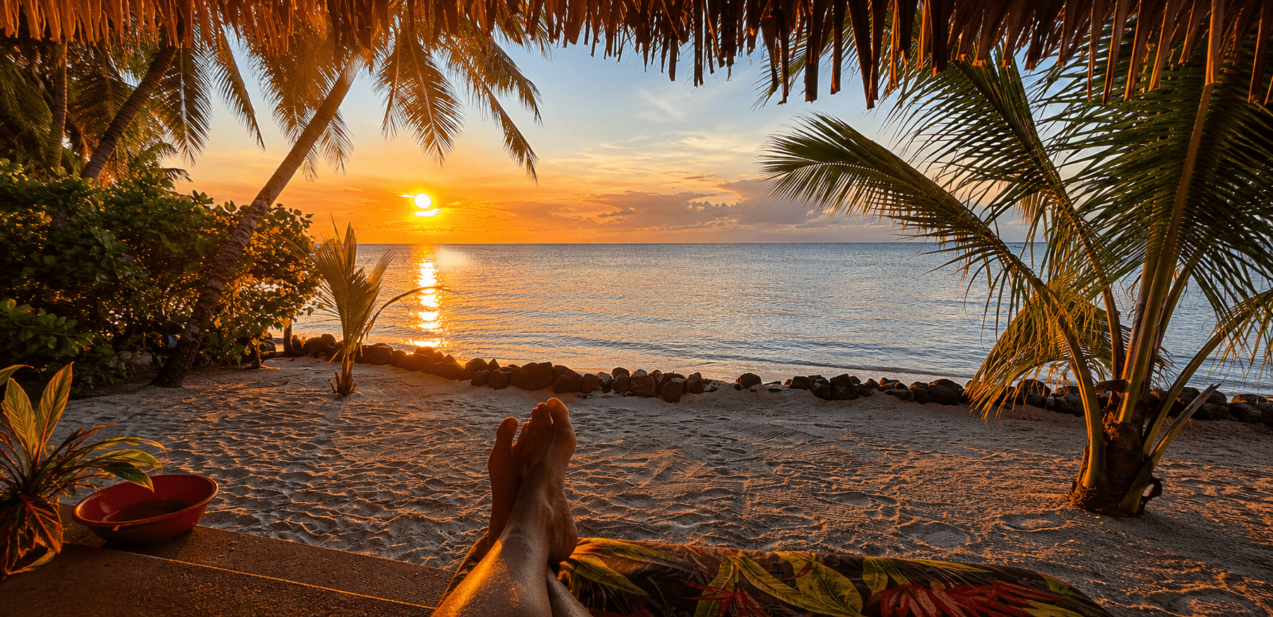 Sunset over the ocean at Sambatra Beach Lodge, Île aux Nattes
